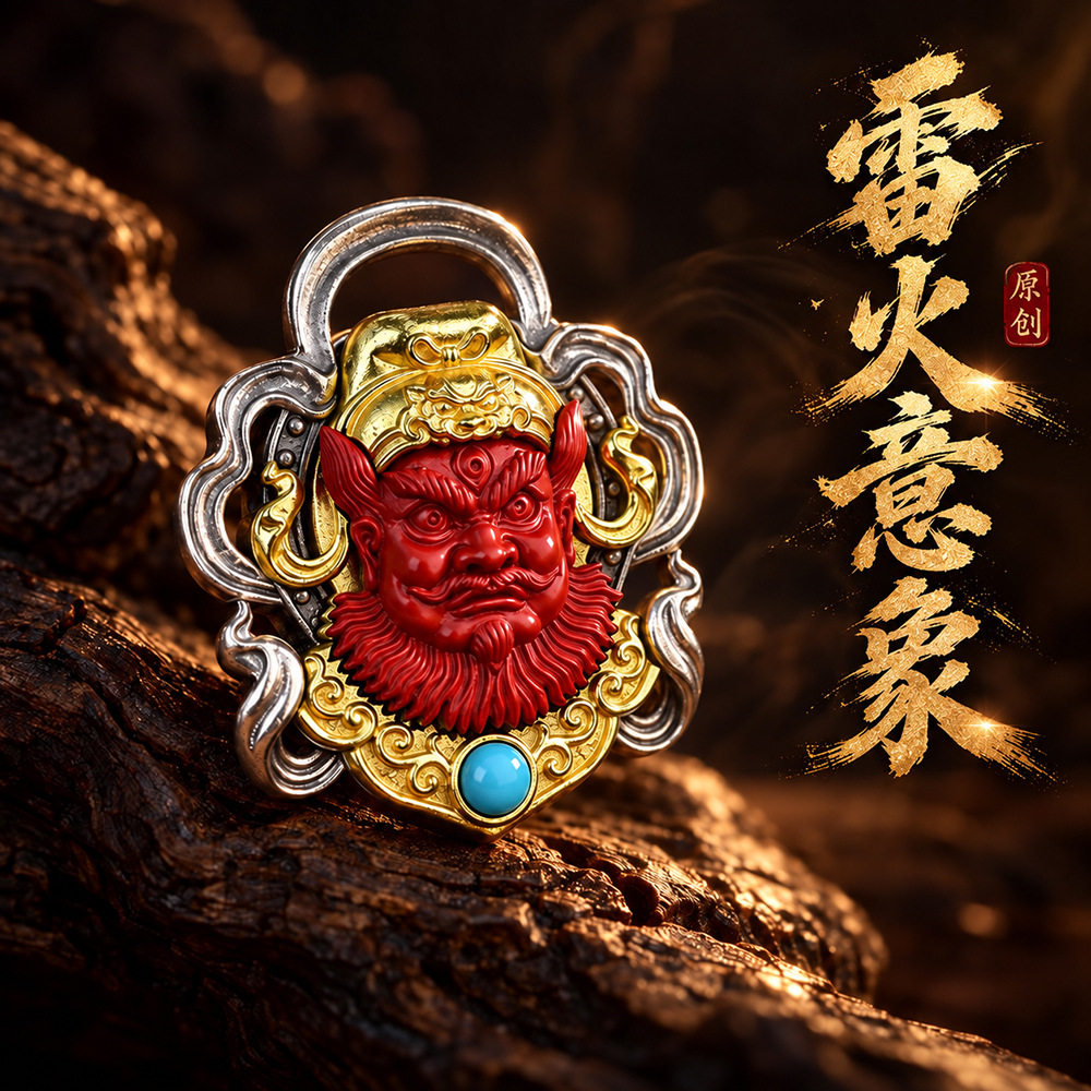 原创朱砂王灵官吊坠复古做旧浮雕工艺国风饰品随身文玩项链挂件