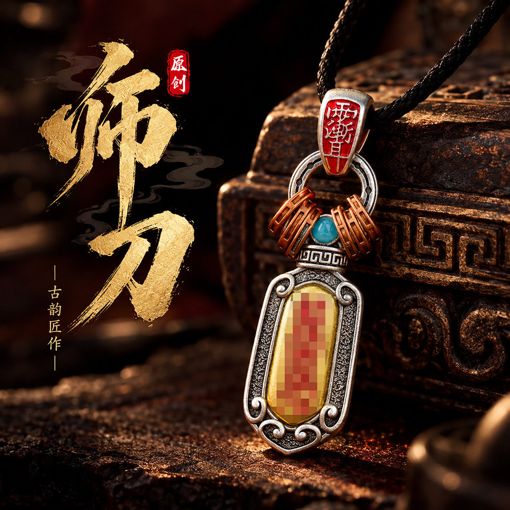 原创师刀挂牌吊坠复古做旧银饰镶嵌松石国风文玩随身项链配饰
