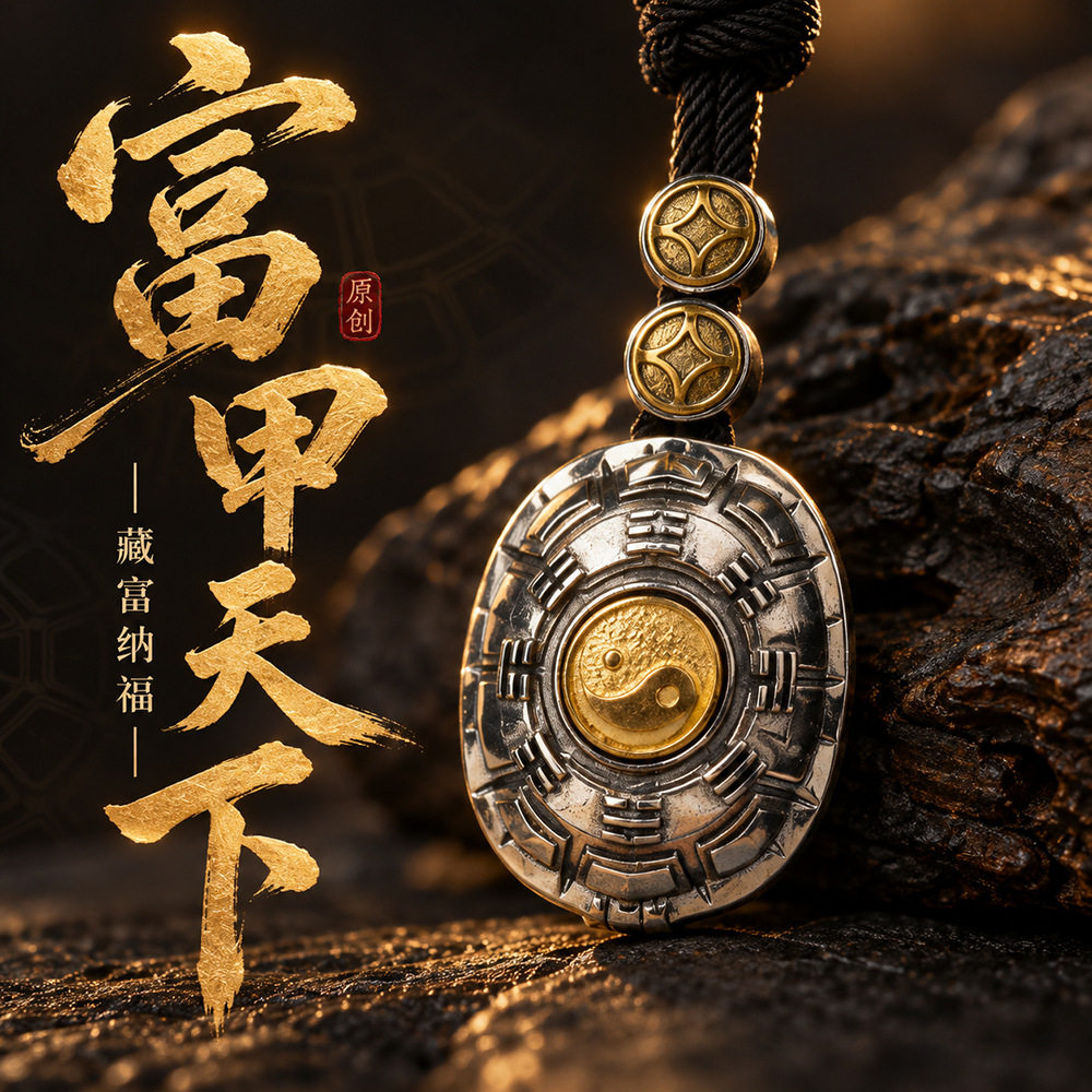 国风原创设计富甲天下吊坠 国潮原创八卦可旋转吊坠挂饰工厂批发