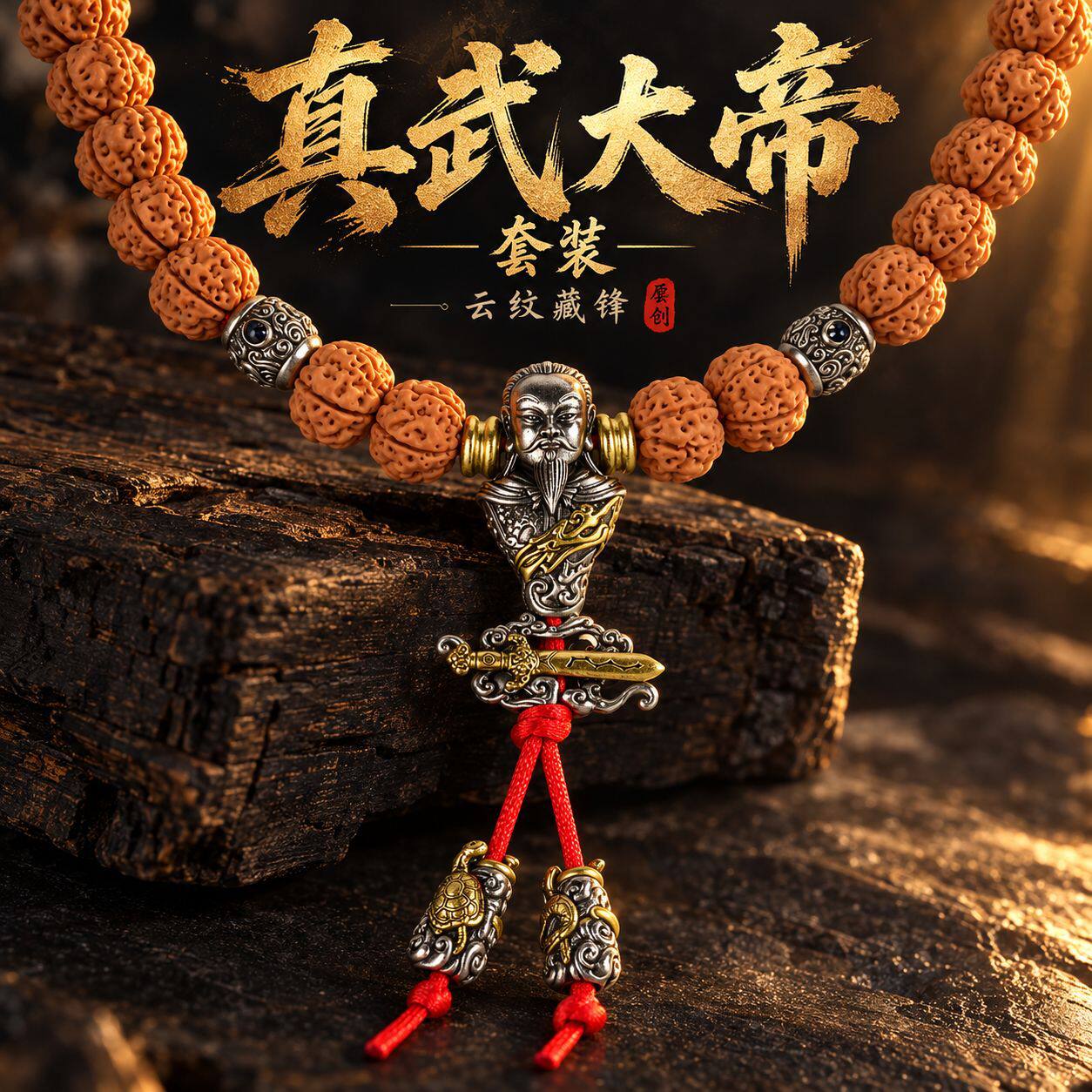 原创真武大帝文玩三通套装道系文玩背云弟子珠菩提串珠手串配饰