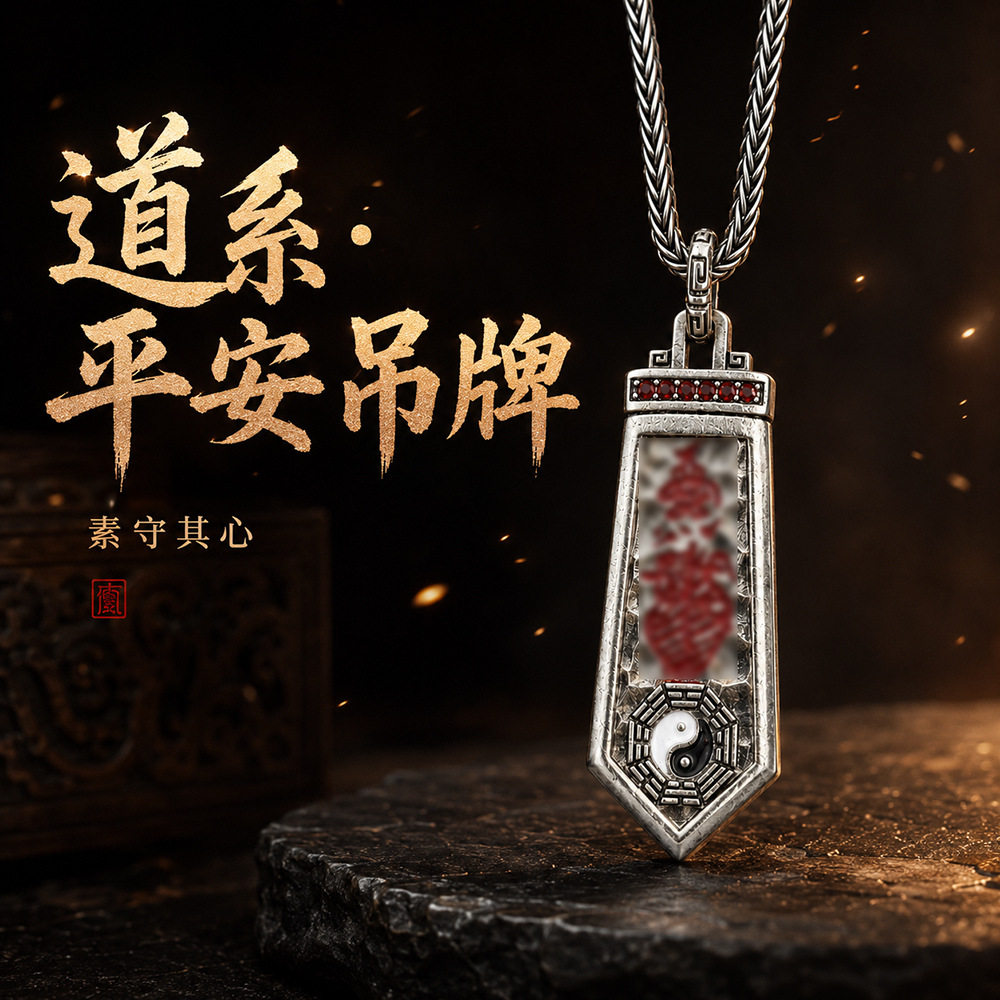 原创设计道系平安符吊坠太极八卦项链国潮银饰锤纹吊牌道系饰品