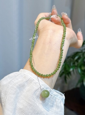 天然碧玉毛衣链圆珠长款项链叠戴纯银可调节和田玉苹果绿阳绿