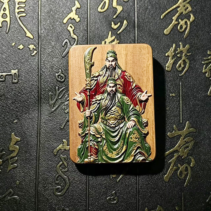 雷击枣木无事牌关公立体彩绘精雕挂件吊坠朱砂双面雕刻木制品吊坠