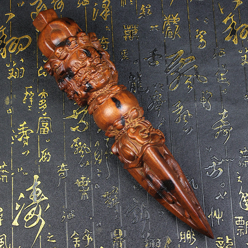 雷击枣木雷焦雕刻三面人像金刚降魔杵手把件摆件工艺品雕刻挂件
