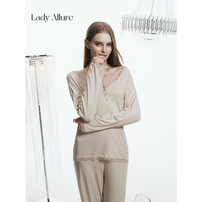 「LA」落日小姐*原创蕾丝莫代尔女士舒适长袖裤睡衣V领家居服套装
