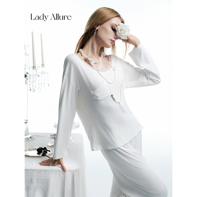 「LA」温柔俗常*原创松弛纯欲性感蕾丝t长袖莫代尔睡衣家居服套装