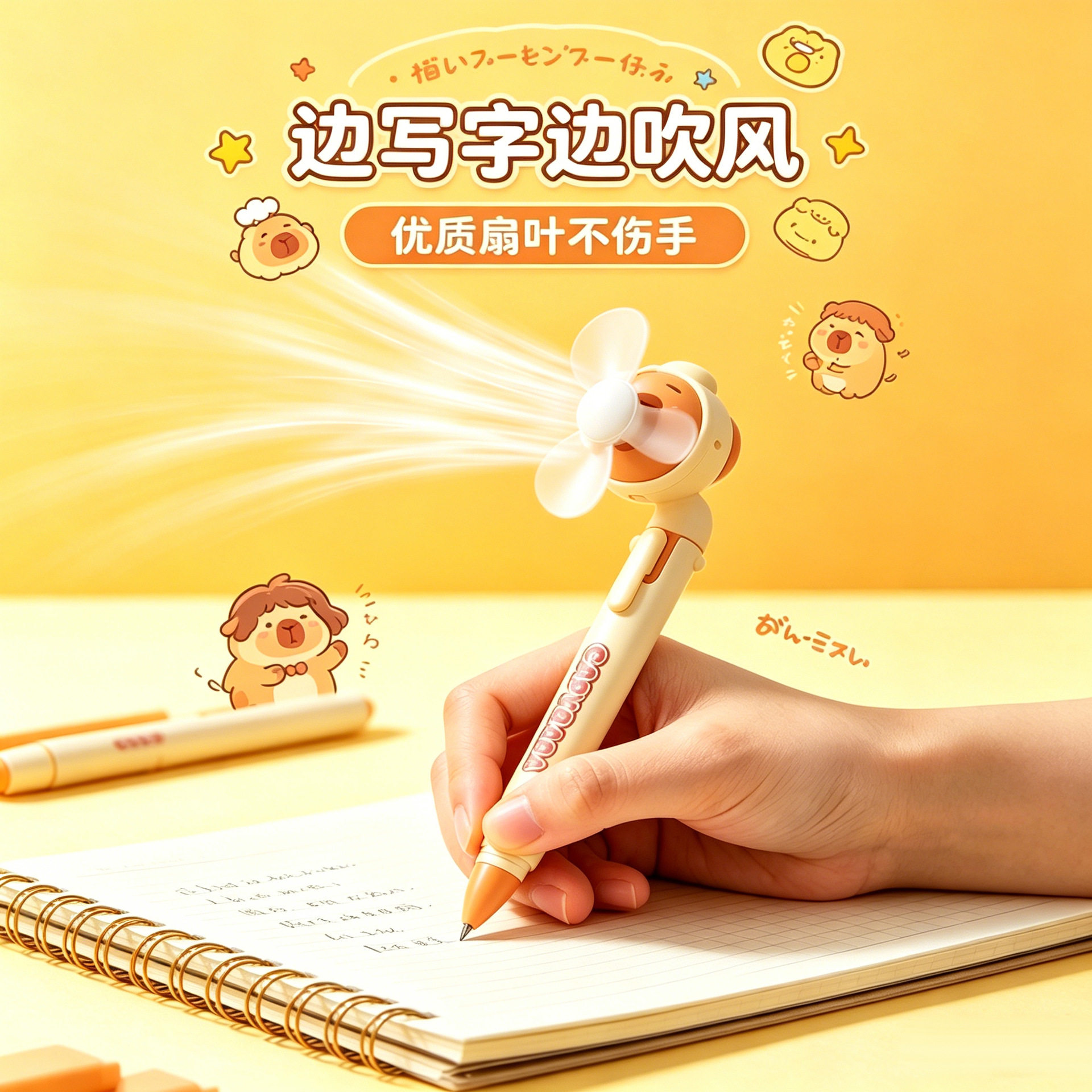 卡皮巴拉风扇笔ins高颜值水豚创意可爱中性笔0.5学生带风扇的笔