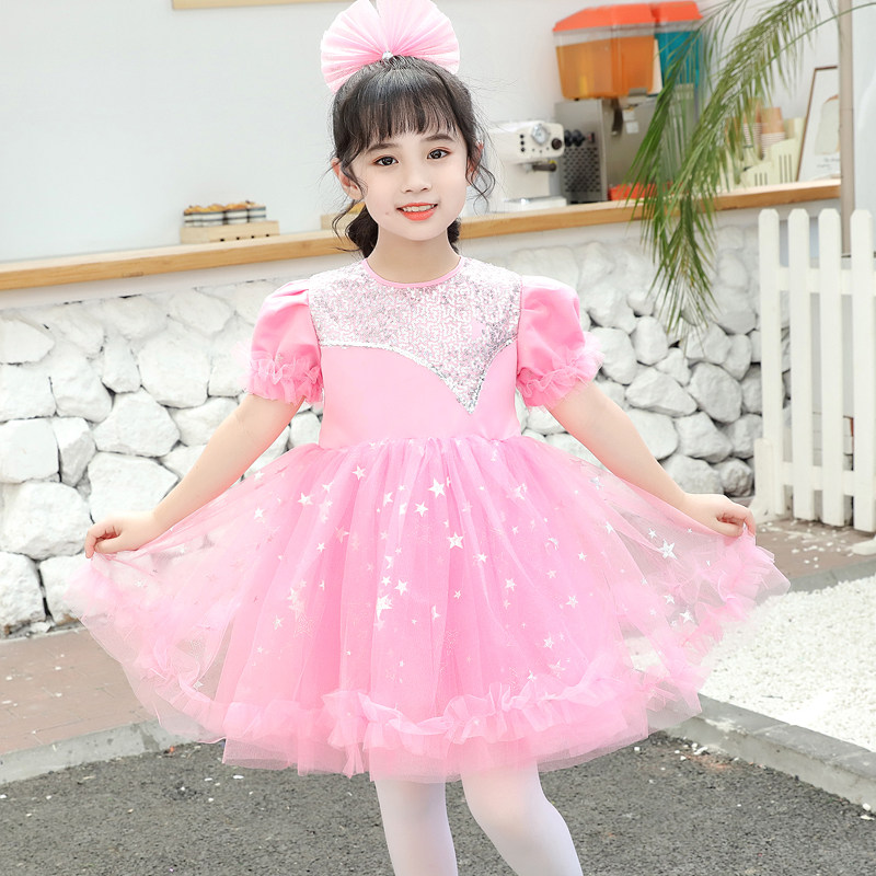 六一女童连衣裙儿童纱裙演出服幼儿园舞蹈粉可爱星星蓬蓬裙表演服