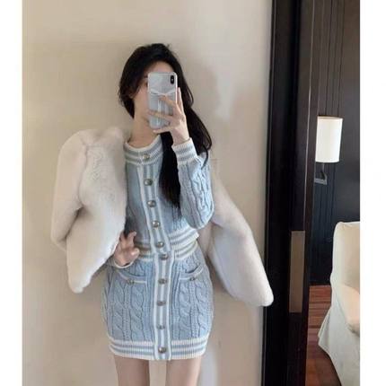 两件套秋冬纯欲风气质时尚蓝色针织开衫包臀针织裙套装毛衣女