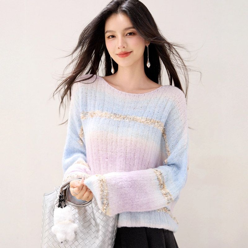 韩系慵懒风渐变色针织衫毛衣女2025秋季新款宽松百搭独特别致上衣