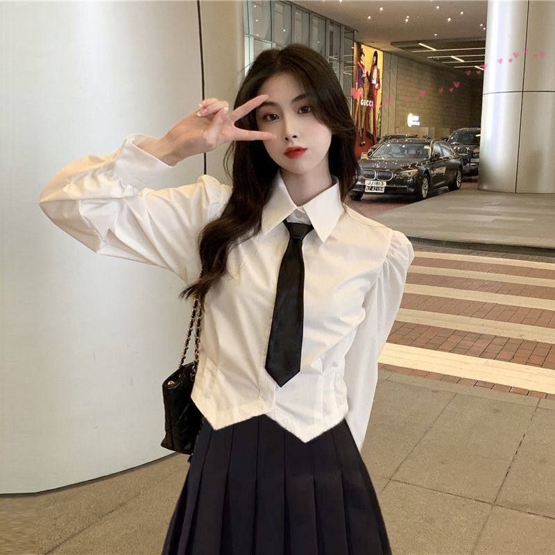 收腰白色衬衫女春季新款学院风纯欲辣妹泡泡袖短款衬衣jk制服套