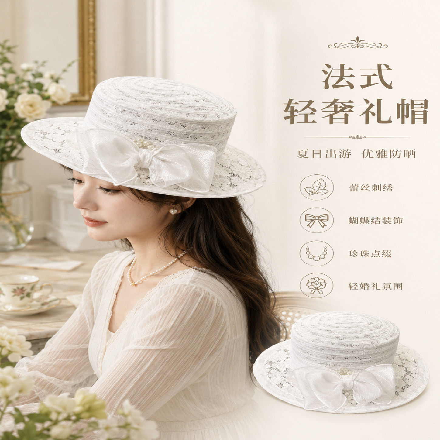 2026春夏法式赫本风复古蕾丝蝴蝶结平顶礼帽女款蕾丝出游大帽檐潮