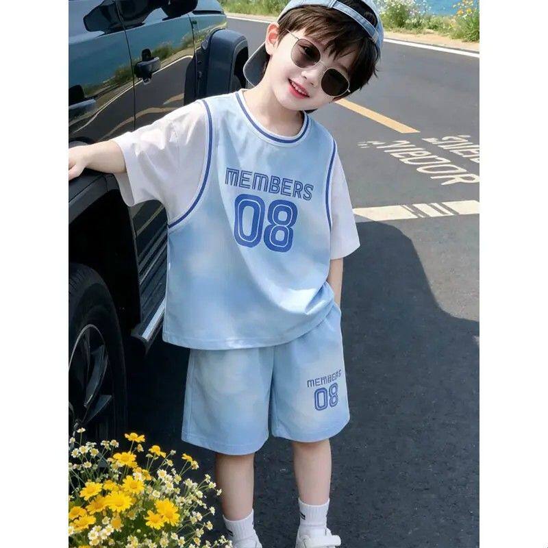 男童冰感速干运动套装夏季新款中大童男孩多巴胺短袖篮球服两件套