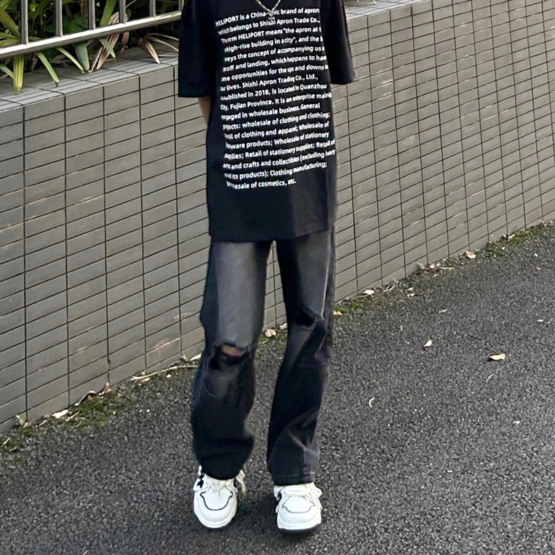 美式高街vibe高品质破洞牛仔裤男ins潮夏季宽松阔腿拖地直筒长裤