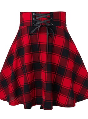 Summer A-line slim plaid lace-up skirt夏季A字修身格子系带裙