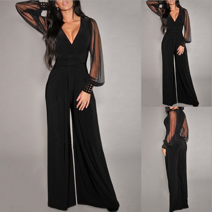 Drawback rivet straight leg jumpsuit v领收腰铆钉直筒连体裤女