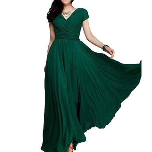 V领短袖雪纺收腰连衣裙