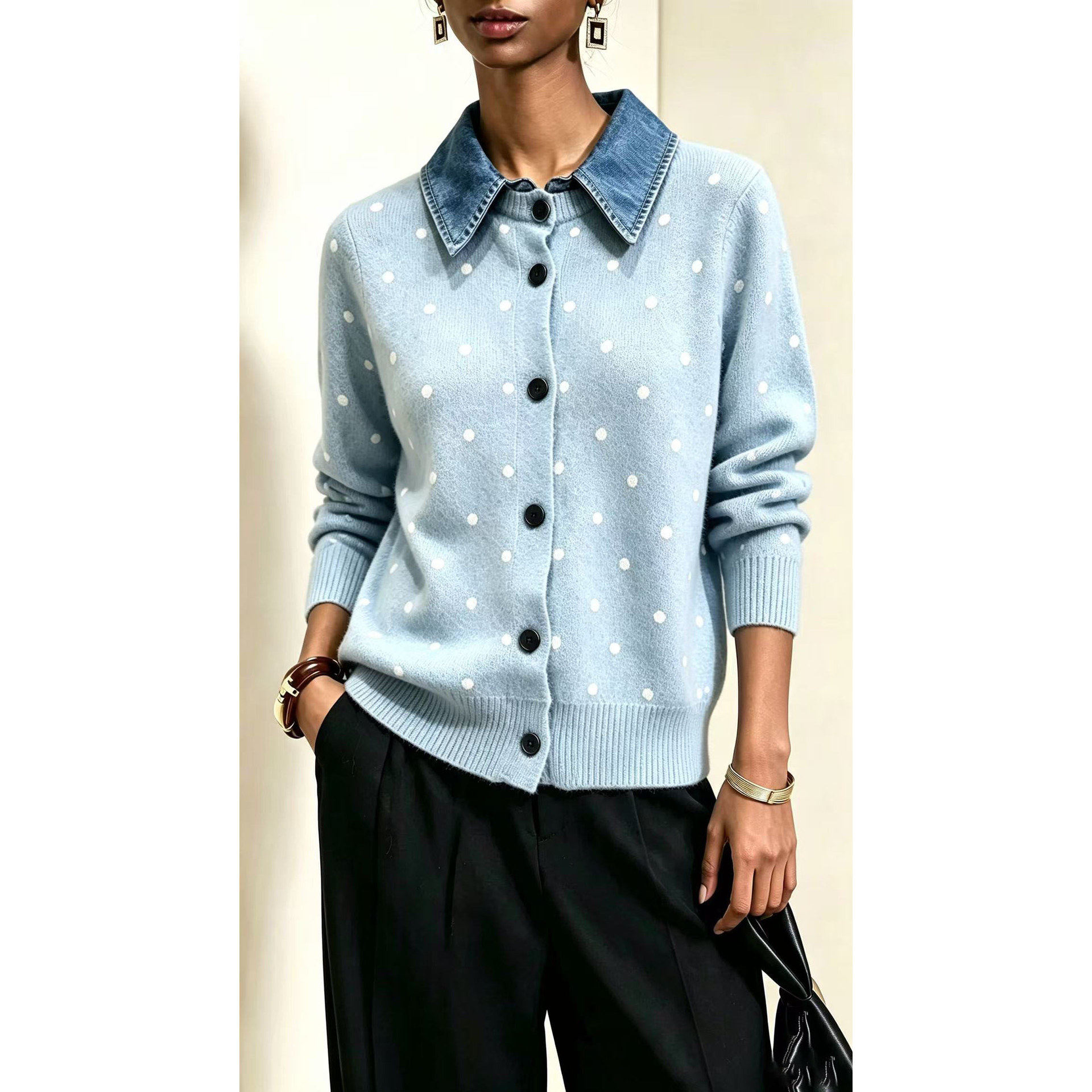 Wave Point Fake Two Piece CollarLongSleeve波点假两件翻领长袖