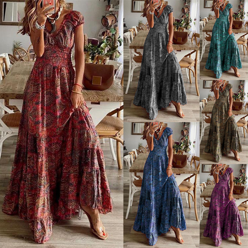 Waist up printed large swing dress收腰短袖碎花印花大摆连衣裙