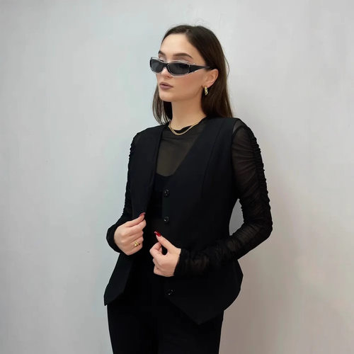 V领无袖纽扣开衫上衣V-neck sleeveless button up cardigan top