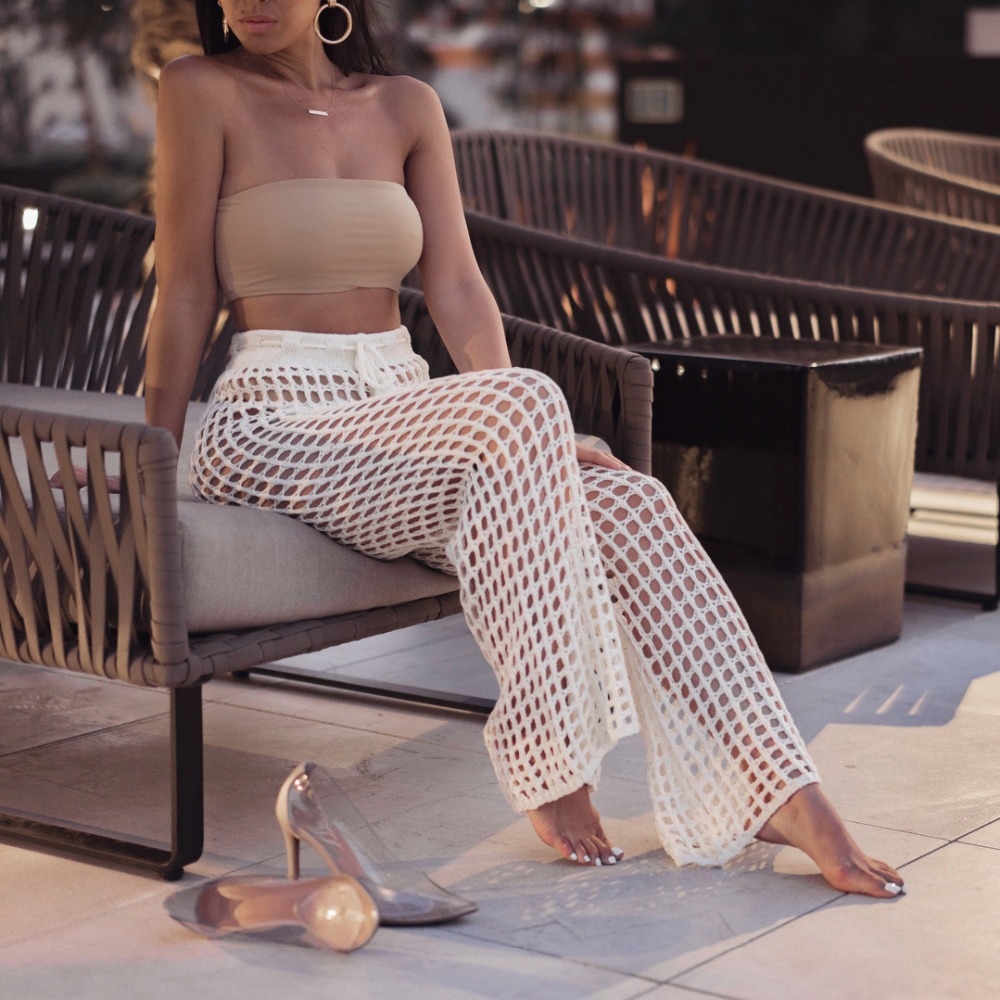 Solid Knitted Lace up Hollow Beach Pants纯色针织镂空沙滩长裤