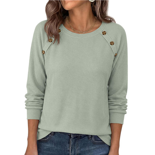 圆领纽扣长袖休闲上衣Round neck button uplongsleevedcasualtop
