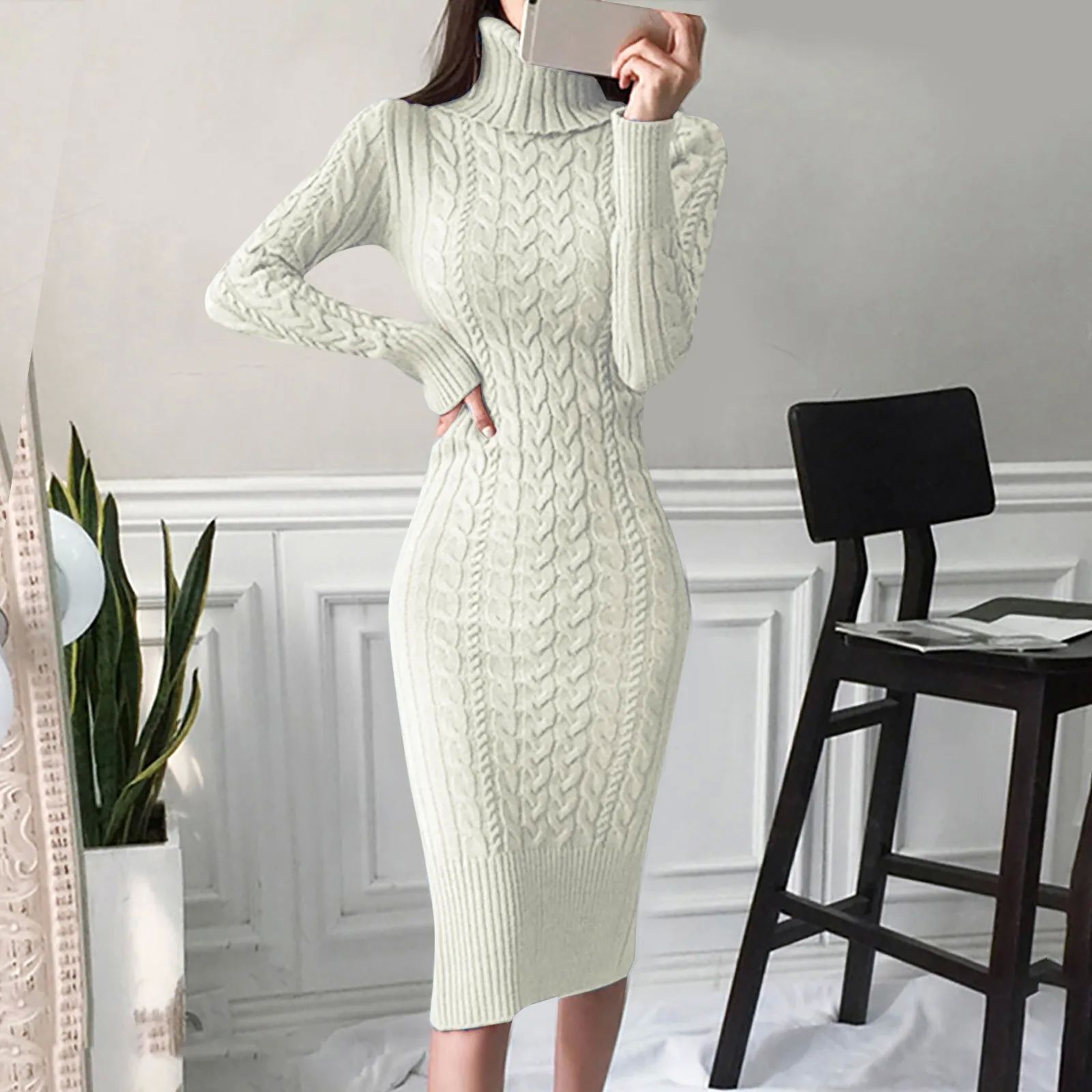 Solid color high neck slim fit sweater dress高领毛衣连衣裙女