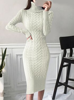 Solid color high neck slim fit sweater dress高领毛衣连衣裙女