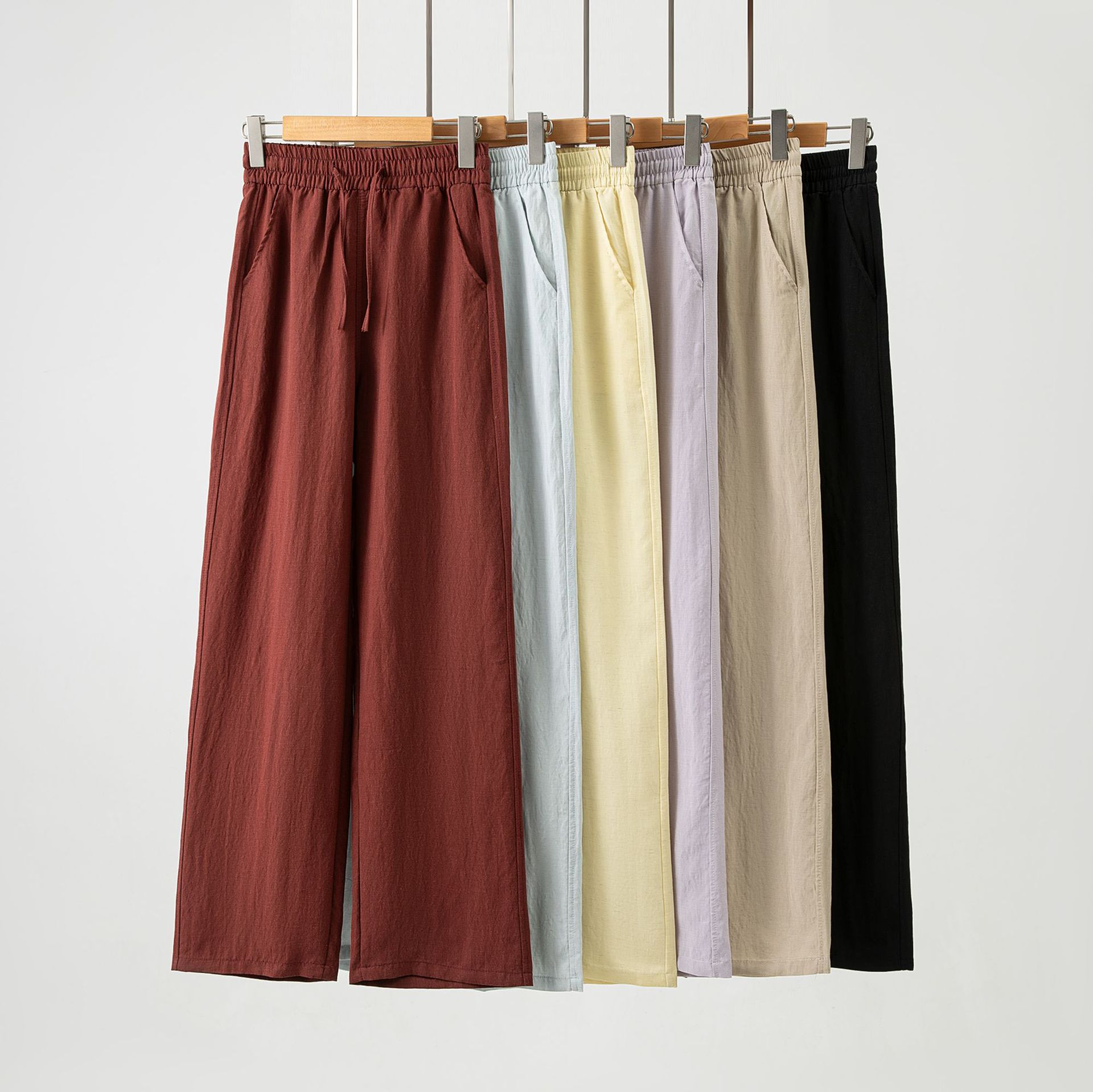 Solid color drawstring tied straight leg pants抽绳系带直筒裤