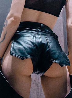 High waisted buttocks leather shorts黑色弹力高腰包臀皮短裤女