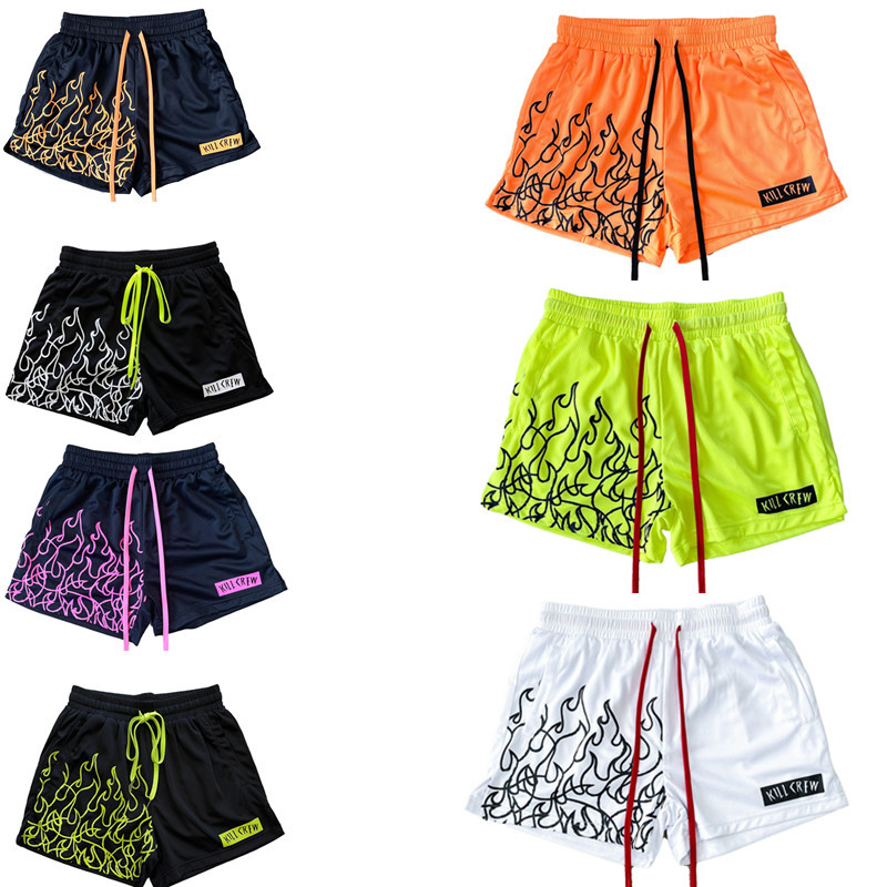 flame print lace-up mesh shorts夏火焰印花系带松紧腰网眼短裤