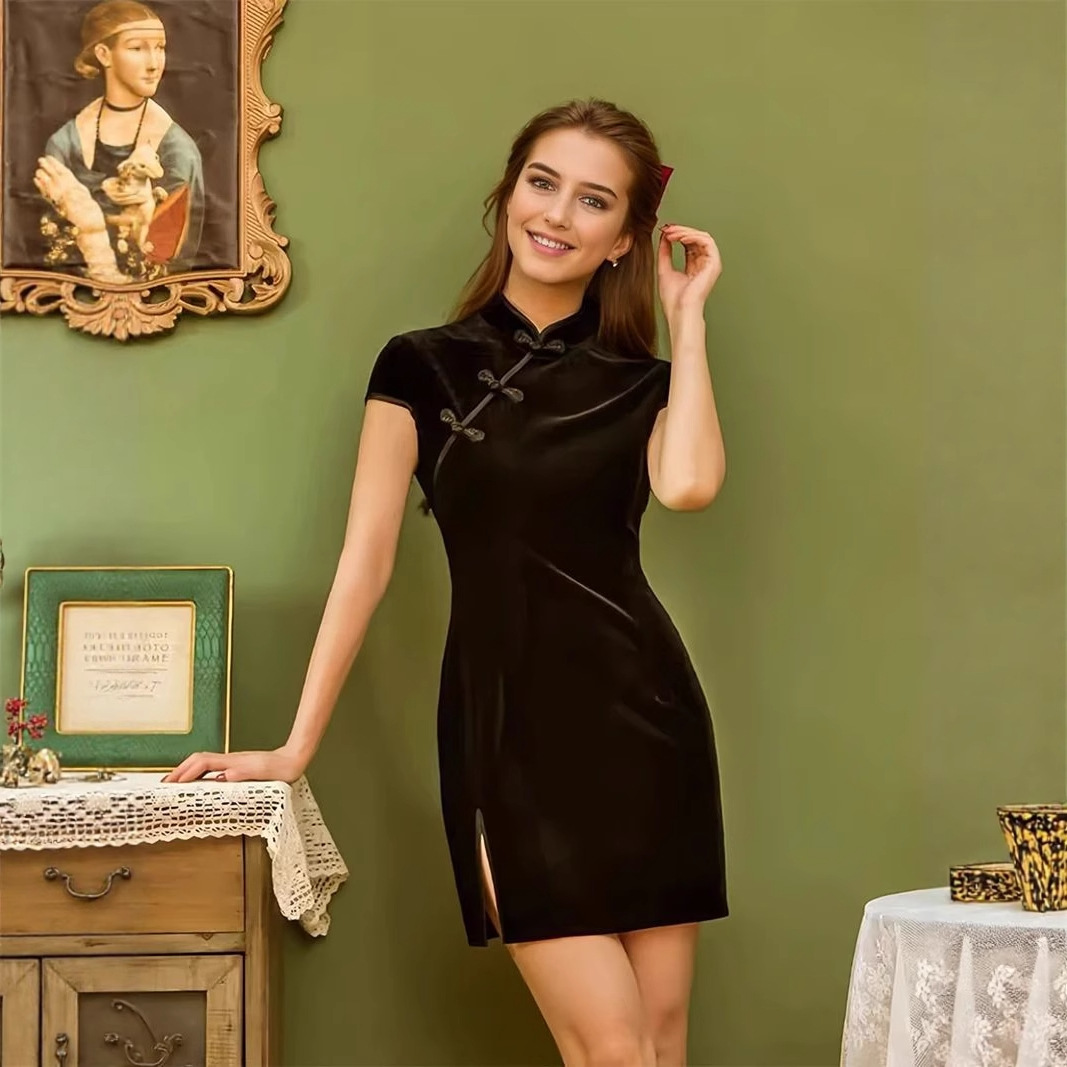 High waisted cheongsam dress纯色修身高腰旗袍连衣裙夏季复古裙
