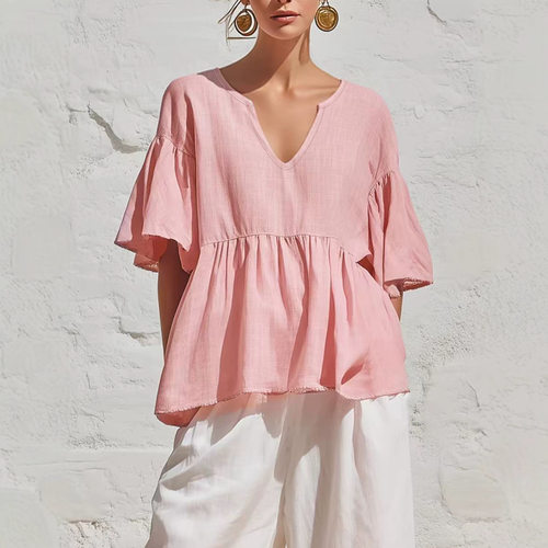V领荷叶边女士中袖上衣V-neck ruffled women's mid sleeved top