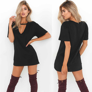Neck Dress休闲连衣裙 Sexy Loose Casual Sleeve Deep Short