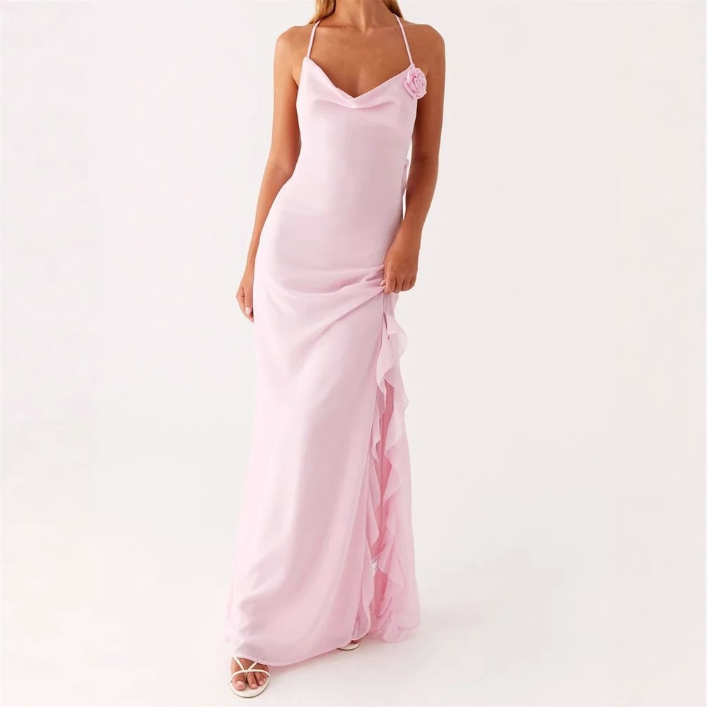 Solid color V-neck backless dress 纯色V领无袖露背开叉连衣裙