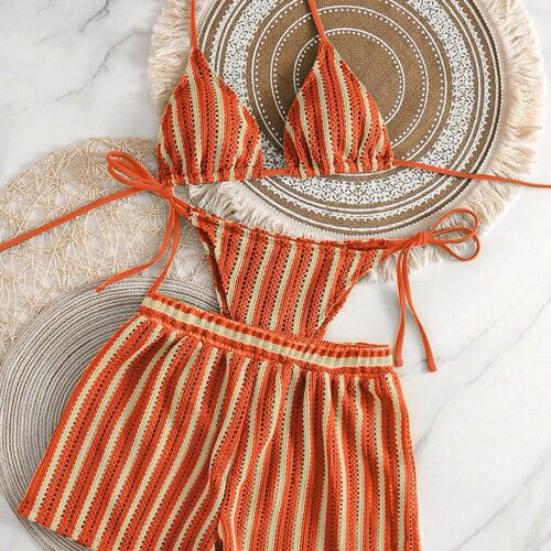 条纹女士泳衣三件套Three piece striped women's swimsuit set