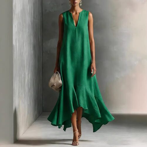 深V领无袖不规则连衣裙Deep V-neck sleeveless irregular dress