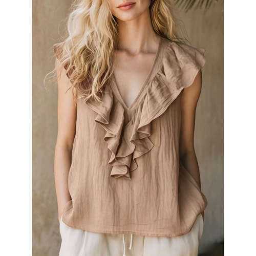 V领无袖荷叶边女士上衣V-neck sleeveless ruffled women's top