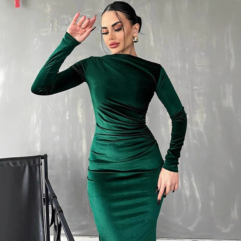 Waist waist and hip pleated dress纯色收腰包臀修身褶皱连衣裙