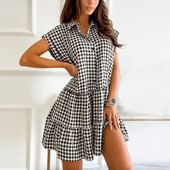 Short Panel Sleeve Loose Shirt Collar Plaid Dress格子连衣裙