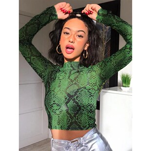 Women Sleeve Snake Long Top Mesh Shirt Print Green Casual