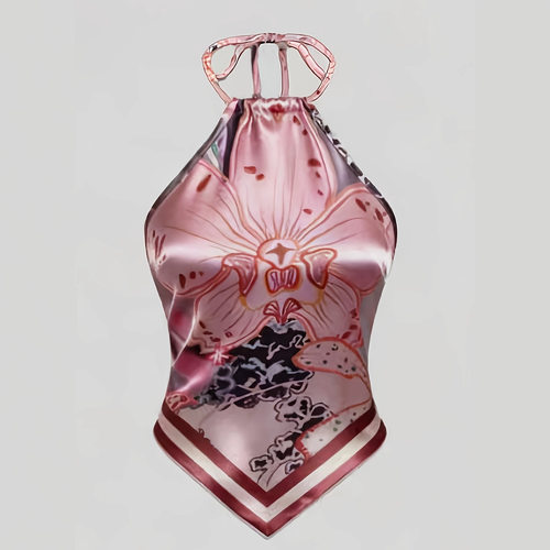 女士挂脖印花露背上衣Ladies' neck hanging printed backlesstop