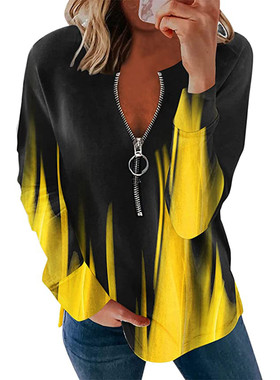 V-Neck Long Sleeve Gradient Flame Loose Zip T-Shirt宽松T恤