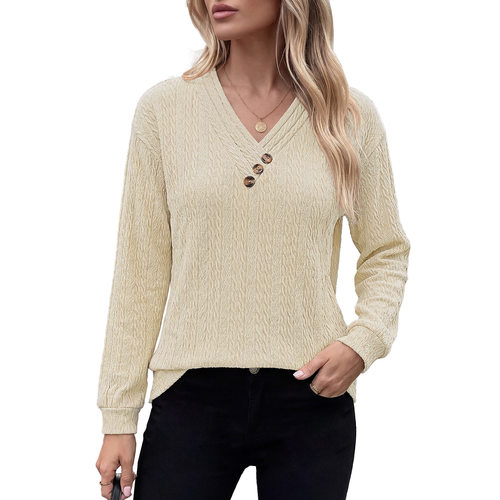 v领纽扣褶皱长袖上衣V-neck button pleated long sleeved shirt