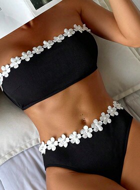 Solid color lace sexy strapless bikini set纯色性感比基尼套装