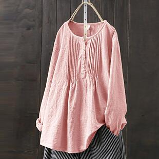 Long Sleeve Pleated Crew Neck Oversized Shirt女百褶圆领衬衫