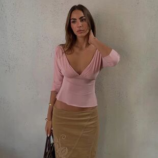 Side Split 性感深V侧开叉半袖 Sleeve Deep Half Top 上衣Sexy