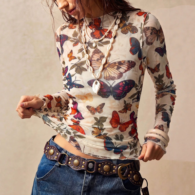 Printed half height collarsidepleatedtop印花半高领侧打褶上衣