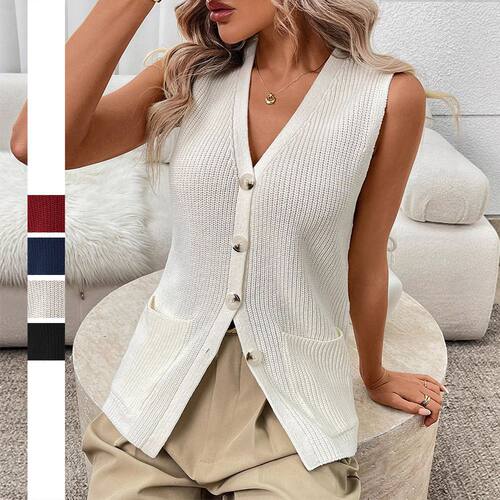 无袖V领纽扣短袖上衣Sleeveless V-neck button short sleevedtop