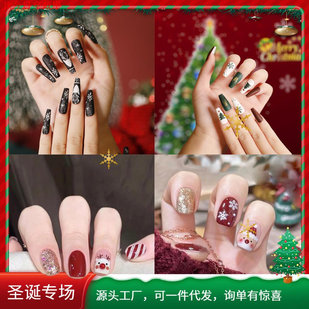 冬季甜美卡通圣诞穿戴甲雪花圣诞老人美甲假指甲贴片圣诞合集